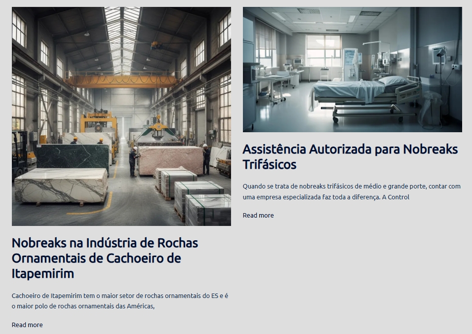 Print do blog técnico da Control Systems com artigos sobre nobreaks e assistência autorizada