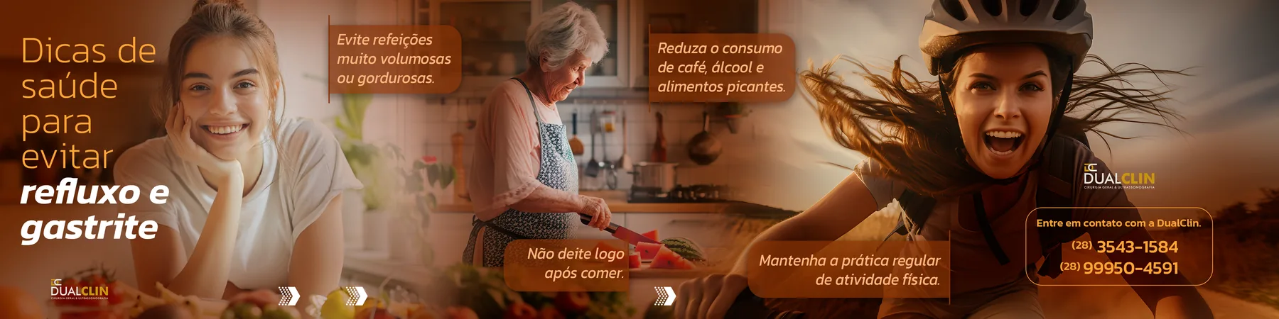 Campanha visual da DualClin com dicas para refluxo e gastrite